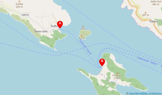 Map of ferry route between Sudurad and Lopud